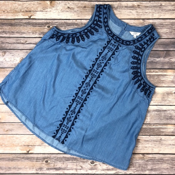 crown & ivy Tops - Chambray Embroidered Aztec Denim Tank